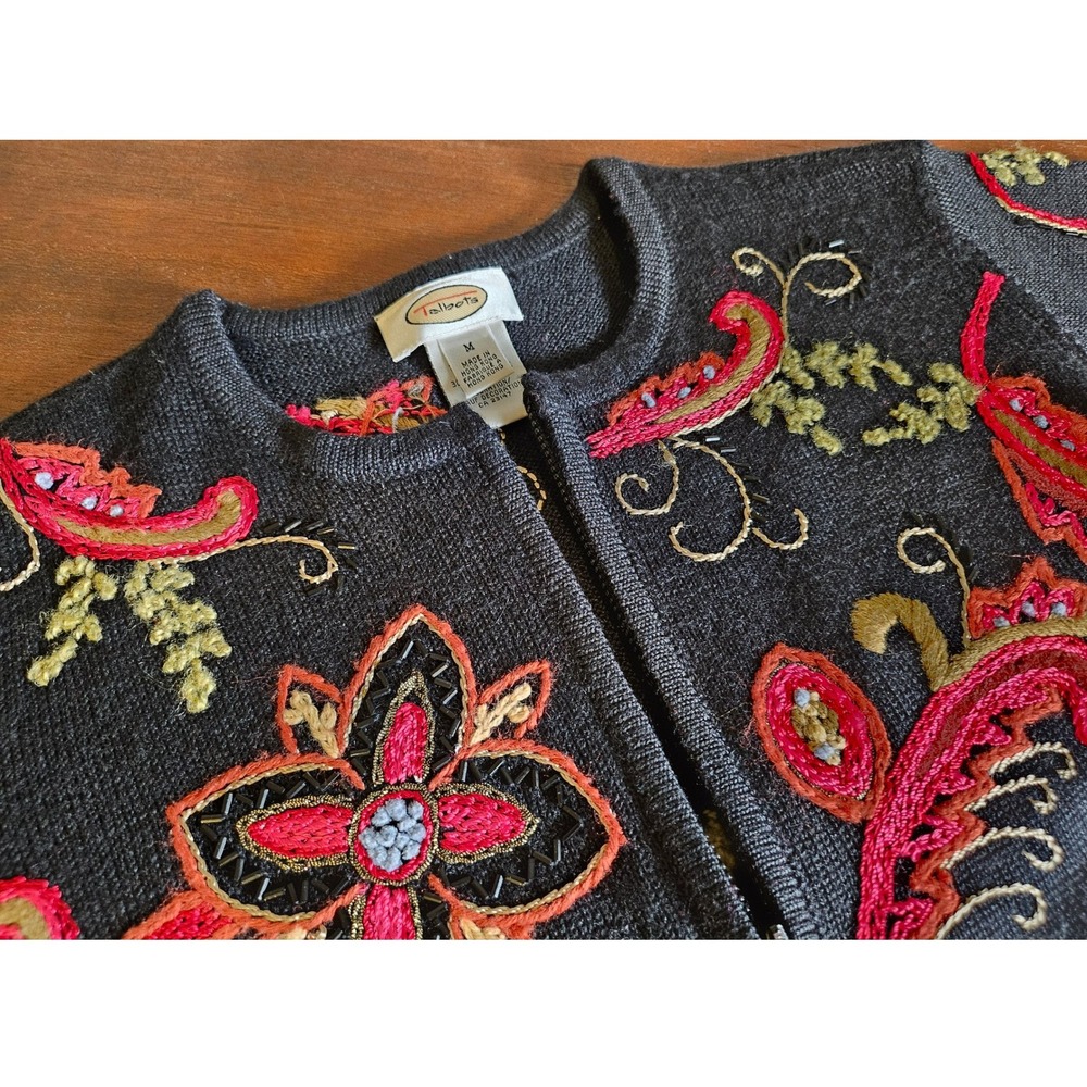 Talbots Cardigan Sweater Womens M Black Floral Embroidered Beaded Wool Blend Zip
